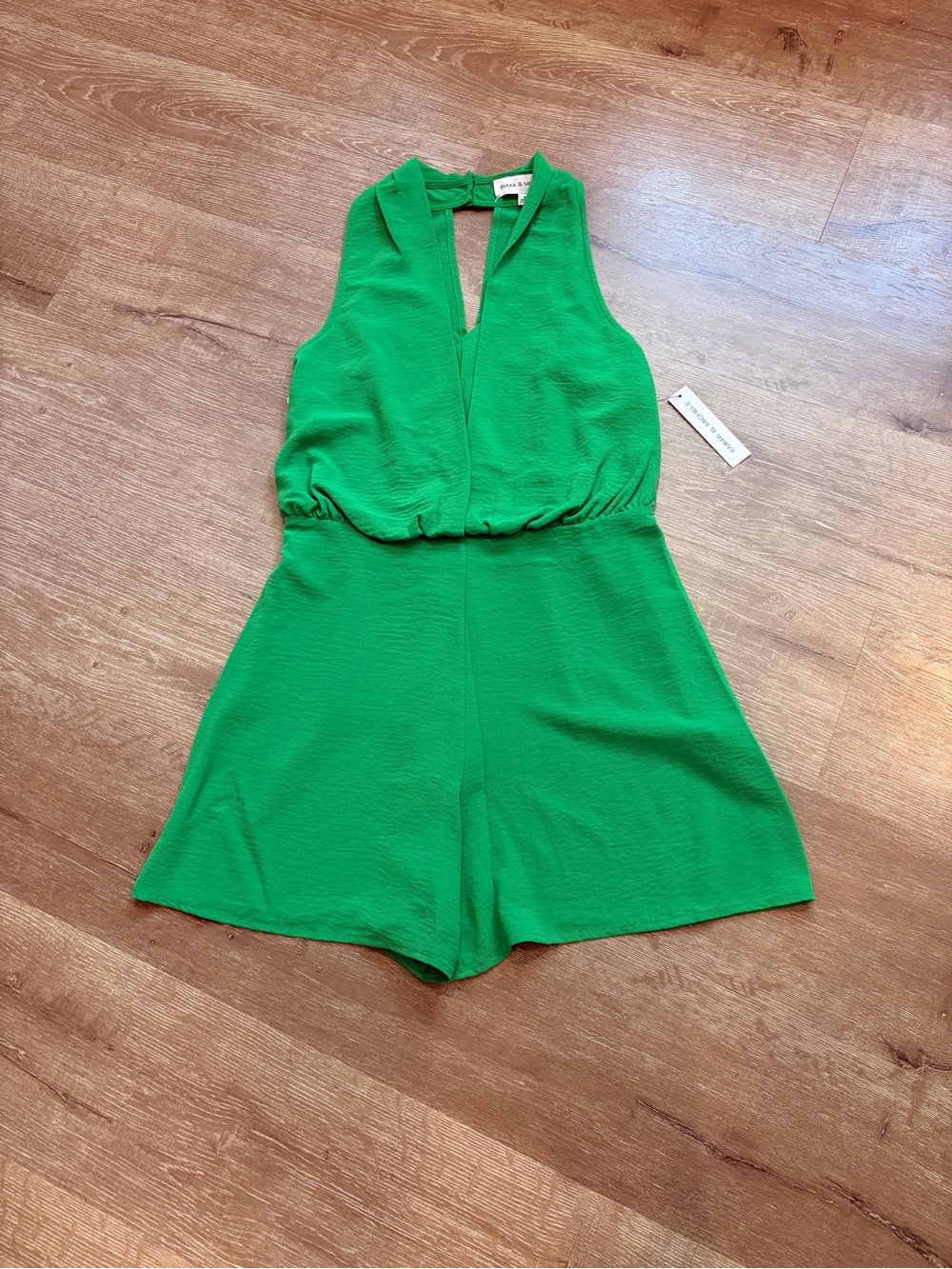 bright green halter-neck blouson romper draped bodice and keyhole back Sz M
